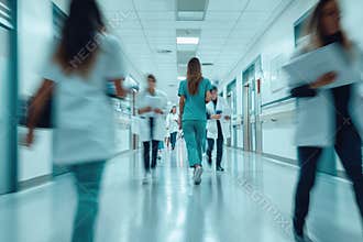 Healthcare Workers in a Busy Hospital Hallway