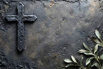 A cross on a stone wall with a branch of olive leaves