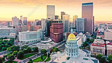Colorado Capitol and Denver, Colorado skyline at sunset