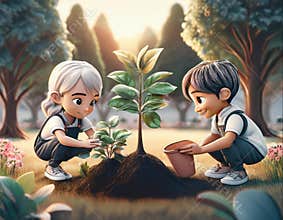 Child planting tree cartoon