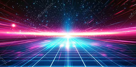80s Style Design with Retro Futuristic Grid Landscape, Purple Neon Abstract Background