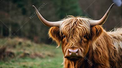 Highland cow slowly turning head in scottish field