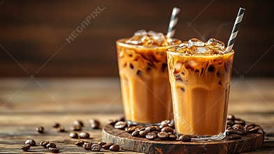 Generative AI Traditional Vietnamese Thai Ice coffee with coffee beans on a wooden background business concept.