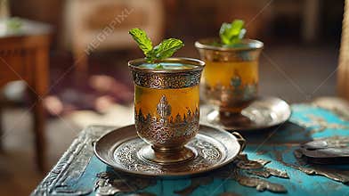 Generative AI Mint green tea Moroccan traditional drink Close up business concept.