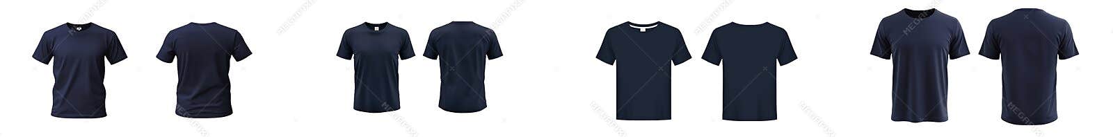 Front and back view of a blank navy blue T-shirt template on a white background. mock-up image of navy blue t shirt set