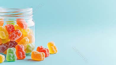 Colorful gummy bears in a glass jar against a pastel blue background AI Generative