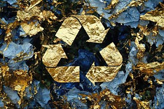 Recycling symbol in gold on a bed of crumpled foil for eco friendly concepts