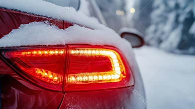 Close-Up View of Bright Red LED Car Tail Light Covered in Snow During Winter, Highlighting Automotive Safety Features