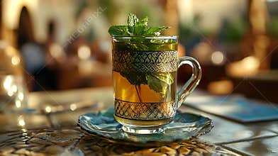 Generative AI Mint green tea Moroccan traditional drink Close up business concept.