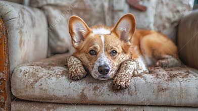 Corgi resting on a muddy couch with a playful expression and dirty paws