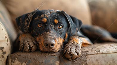 Muddy dog resting on a sofa with a curious gaze
