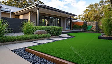 Modern Australian home front yard with artificial grass and timber edging
