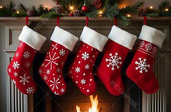 This cozy fireplace showcases five red Christmas stockings