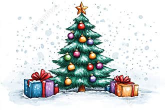 christmas doodle art, a hand-drawn doodle christmas tree clipart with cute decorations and jingle bells on a snowy