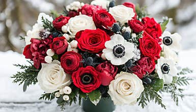 Winter floral arrangement with red, white, and black flowers in snow