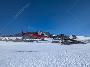 Skagway, Alaska 2024.08.06. Helicopter taking off from a glacier