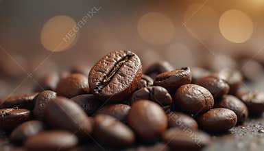 Coffee beans close-up with bokeh lights
