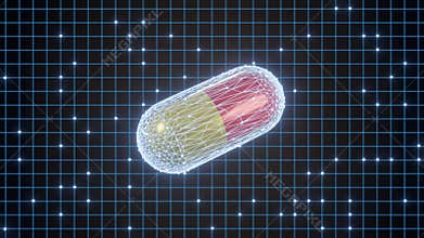 Plastic container capsule in levitation state, flight with open components, probiotics food additives in capsules