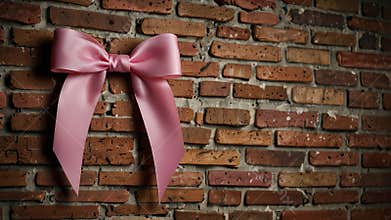 Big pink ribbon hanging on old brick wall