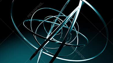 Looped screensaver with realistic steel rings rotate by gravitation on a dark gradient background