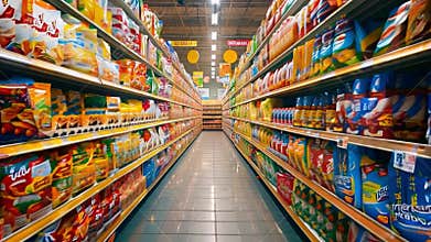 Shoppers navigate a supermarket aisle lined with various packaged food products