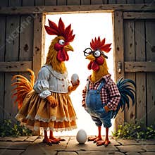 Comical Chicken With White Farm Eggs