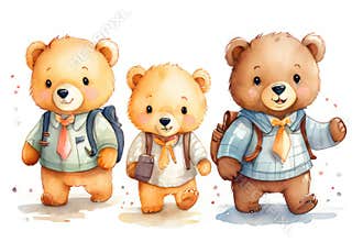Watercolor bears goes to school. Cute lovely animal illustration in cartoon style