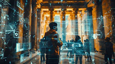 Student exploring ancient ruins with futuristic augmented reality interface