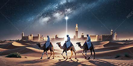 Three wise men following the star of Bethlehem on their way to meet Jesus.