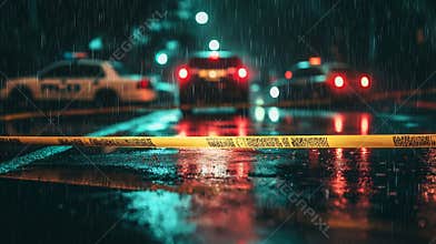 The blue lights of a police car illuminate a crime scene tape near a dark street.