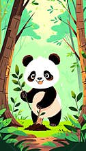 Adorable cartoon panda planting a tree in a lush forest setting