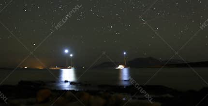 Boats anchored at night