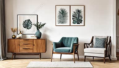 Modern Living Room Interior with a Touch of Wooden Decor and Green Plants