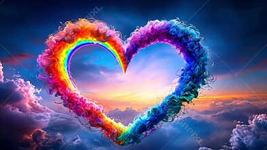 Vibrant Neon Rainbow Heart: Abstract Love in Colorful Cosmic Landscape with Dreamlike Clouds. Valentine\'s day concept