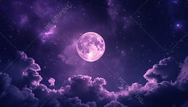 Mystical purple gradient moonlit sky with clouds and stars for phone backgrounds