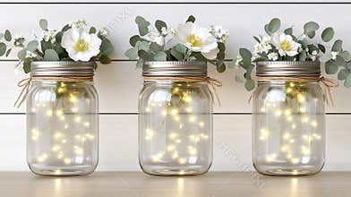 Three mason jars filled with warm fairy lights and eucalyptus, beautifully tied with brown string, sit on a light wooden