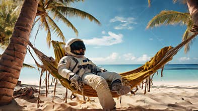 Astronaut relaxing in a hammock on a tropical beach under palm trees