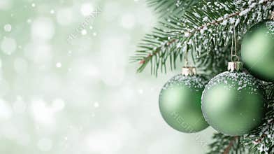 Festive green Christmas ornaments on snowy pine tree branch