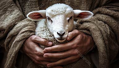Jesus Christ holding a lamb with gentle hands in a serene, protective moment