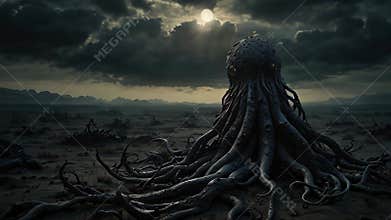 Octopus like creature in a dark landscape