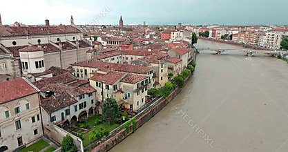 Aerial View of the Adige River Cityscape in Verona, Italy