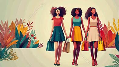 Three women shopping together in colorful dresses holding bags surrounded by vibrant foliage in a cheerful artistic