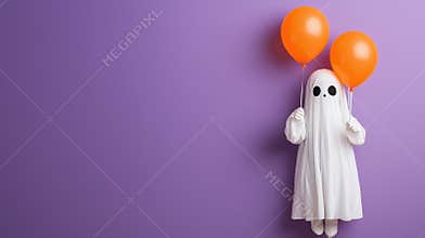 A playful ghost in a white sheet holds orange balloons against a vibrant purple background