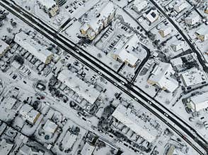 Aerial view of heavy snow on the city of Kingersheim, Alsace, France.