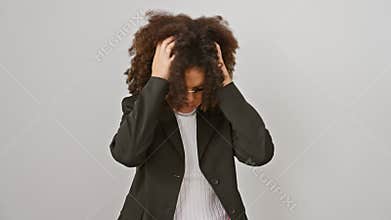 Hispanic woman with curly hair, stressed and aching from severe migraine, standing isolated on white background. visible pain and
