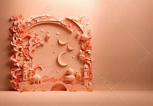 Ramadan Kareem and Eid Mubarak paper cut style with lantern on peach color background.
