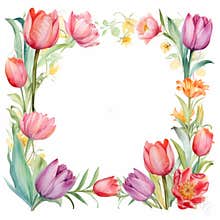 watercolor frame of flowers leaves and tulips