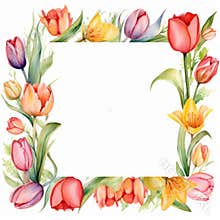 watercolor frame of flowers leaves and tulips