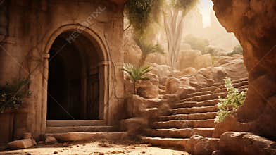 Religious Easter background, with strong light rays shining through the entrance into the empty stone tomb. Artistic strong