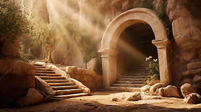 Religious Easter background, with strong light rays shining through the entrance into the empty stone tomb. Artistic strong